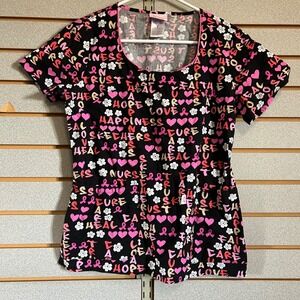 Skechers Medical Scrubs‎ Top Womens Small Black Pink Hearts Floral Nurse Love